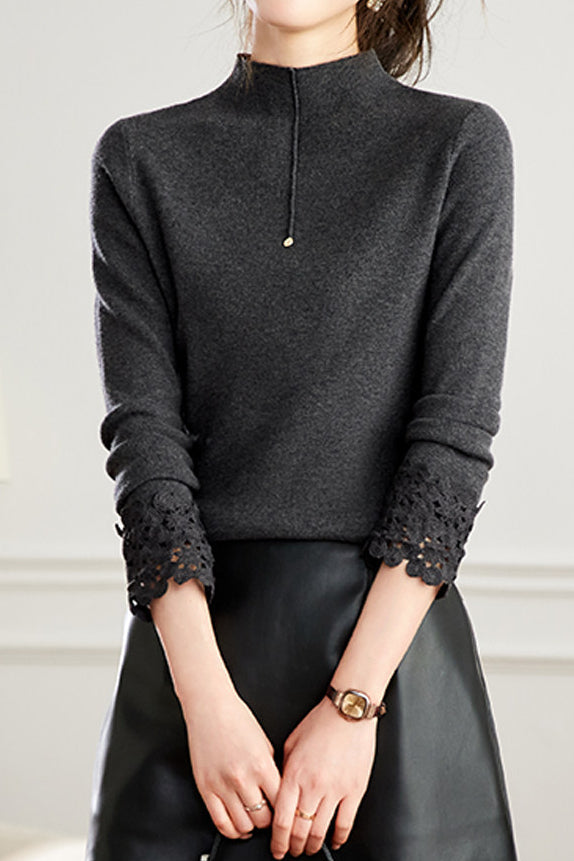 Chic Mock Neck Lace-Trim Long Sleeve Knit Layering Top