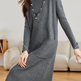 Elegant Mock Neck Beaded Long Sleeve Knit Dress