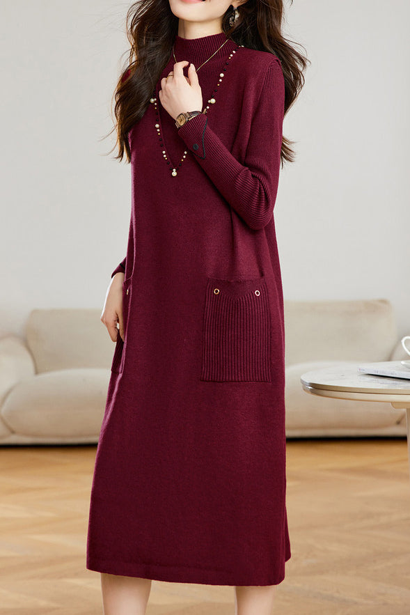 Elegant Mock Neck Beaded Long Sleeve Knit Dress