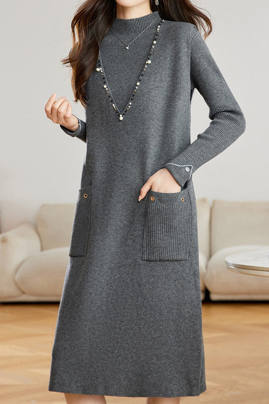 Elegant Mock Neck Beaded Long Sleeve Knit Dress