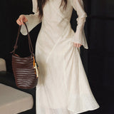 Chic Round Neck Dress with Diagonal Seams and Defined Waist
