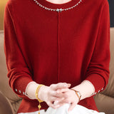 Elegant Round Neck Rhinestone Bow Long Sleeve Knit Top