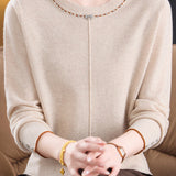 Elegant Round Neck Rhinestone Bow Long Sleeve Knit Top