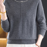 Elegant Round Neck Rhinestone Bow Long Sleeve Knit Top