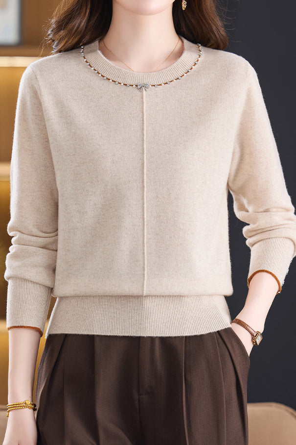Elegant Round Neck Rhinestone Bow Long Sleeve Knit Top
