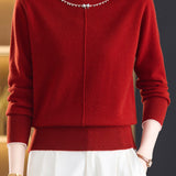 Elegant Round Neck Rhinestone Bow Long Sleeve Knit Top