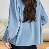 Casual Collared Pleated Puff Sleeve Long Sleeve Shirt