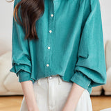 Casual Collared Pleated Puff Sleeve Long Sleeve Shirt