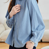 Casual Collared Pleated Puff Sleeve Long Sleeve Shirt