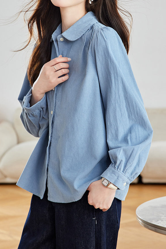 Casual Collared Pleated Puff Sleeve Long Sleeve Shirt