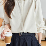 Casual Collared Pleated Puff Sleeve Long Sleeve Shirt
