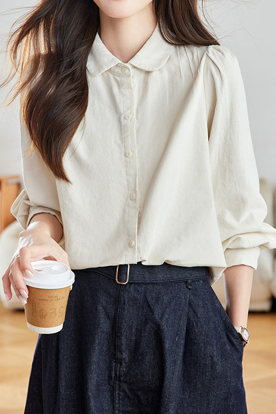 Casual Collared Pleated Puff Sleeve Long Sleeve Shirt