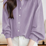 Casual Collared Pleated Puff Sleeve Long Sleeve Shirt