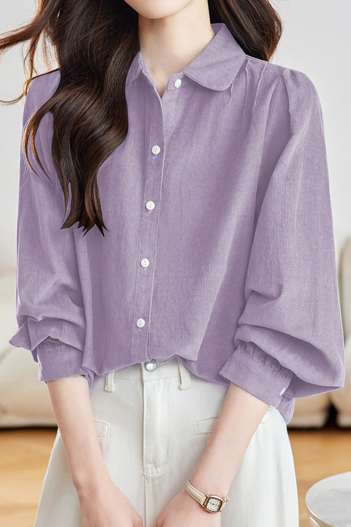 Casual Collared Pleated Puff Sleeve Long Sleeve Shirt