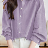 Casual Collared Pleated Puff Sleeve Long Sleeve Shirt