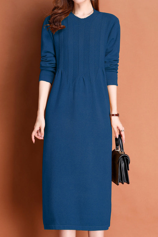 Versatile Crew Neck Vertical Ribbed Knit Dress