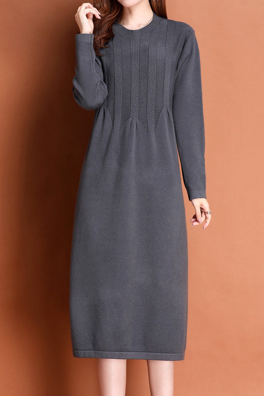 Versatile Crew Neck Vertical Ribbed Knit Dress