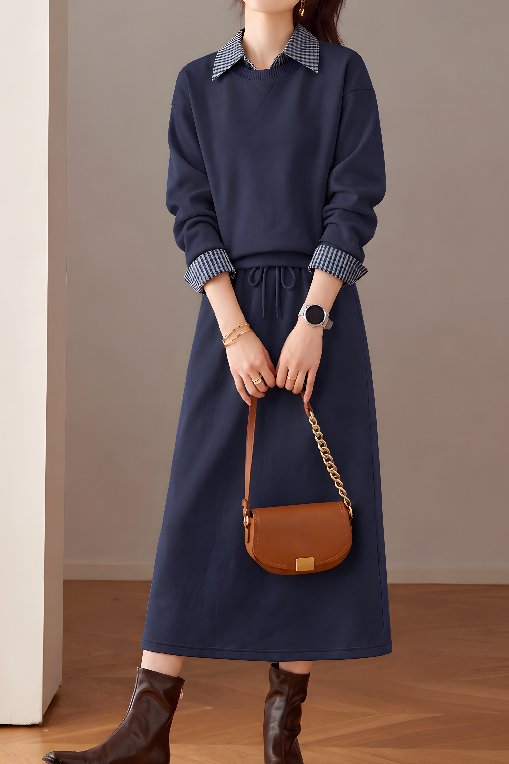 Casual Layered Look Plaid Patchwork Cotton Sweatshirt and Skirt Set