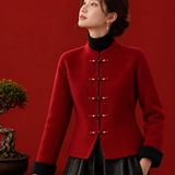Elegant Pure Wool Toggle Button Colorblock Wool Coat