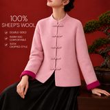 Elegant Pure Wool Toggle Button Colorblock Wool Coat
