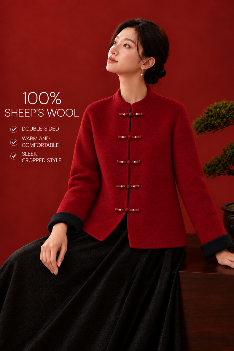 Elegant Pure Wool Toggle Button Colorblock Wool Coat