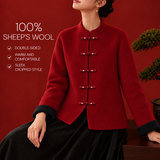 Elegant Pure Wool Toggle Button Colorblock Wool Coat