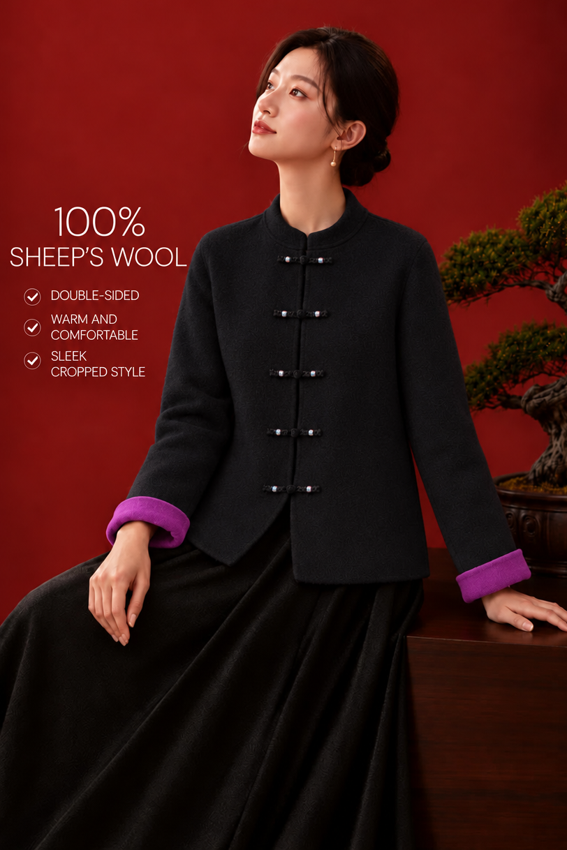Elegant Pure Wool Toggle Button Colorblock Wool Coat