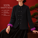 Elegant Pure Wool Toggle Button Colorblock Wool Coat