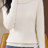 Delicate Ruffle Trim Mock Neck Long Sleeve Knit Sweater