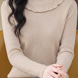Delicate Ruffle Trim Mock Neck Long Sleeve Knit Sweater