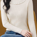 Delicate Ruffle Trim Mock Neck Long Sleeve Knit Sweater