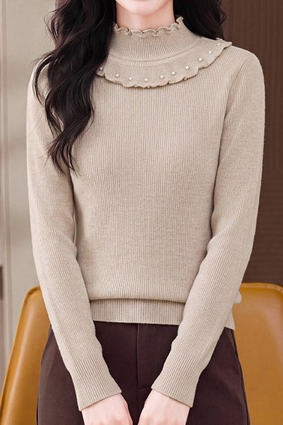 Delicate Ruffle Trim Mock Neck Long Sleeve Knit Sweater