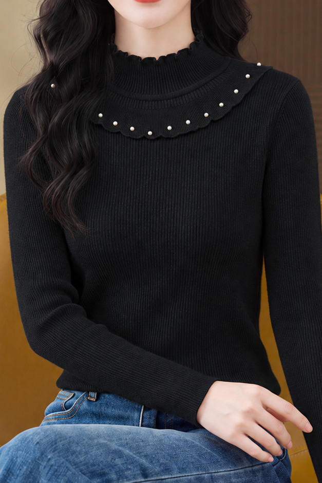 Delicate Ruffle Trim Mock Neck Long Sleeve Knit Sweater