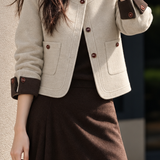 Casual Colorblock Crew Neck Cropped Wool Blend Jacket