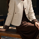 Casual Colorblock Crew Neck Cropped Wool Blend Jacket