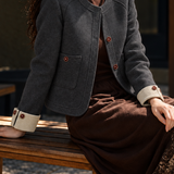 Casual Colorblock Crew Neck Cropped Wool Blend Jacket