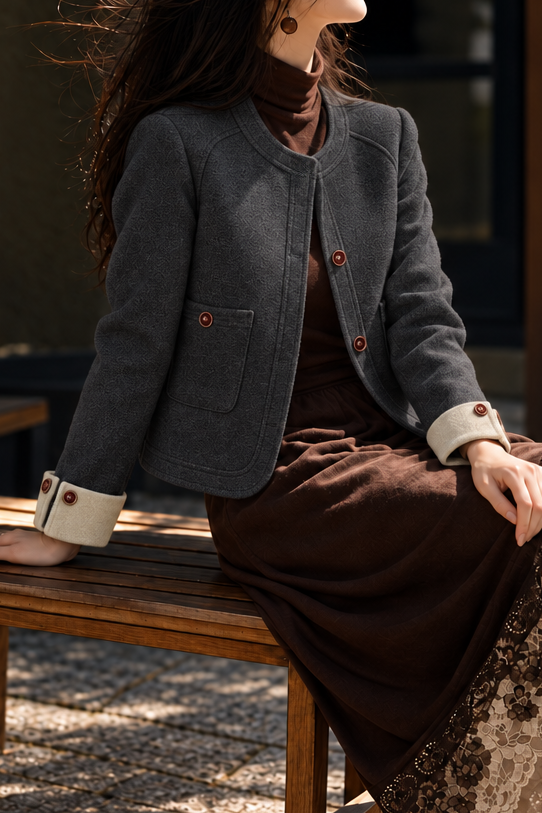 Casual Colorblock Crew Neck Cropped Wool Blend Jacket
