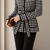 French Vintage Collared Belted Long Sleeve Plaid Jacket