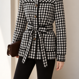 French Vintage Collared Belted Long Sleeve Plaid Jacket
