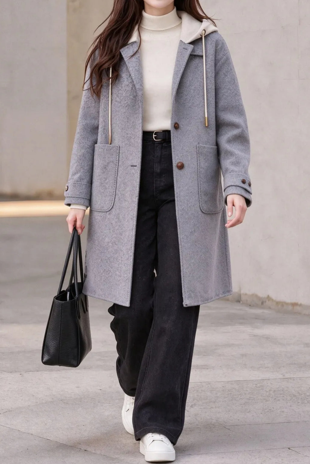 Casual Detachable Hood Wool Blend Coat