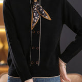 Chic Stand Collar Tie Detail Long Sleeve Knit Sweater