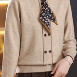 Chic Stand Collar Tie Detail Long Sleeve Knit Sweater