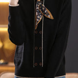 Chic Stand Collar Tie Detail Long Sleeve Knit Sweater