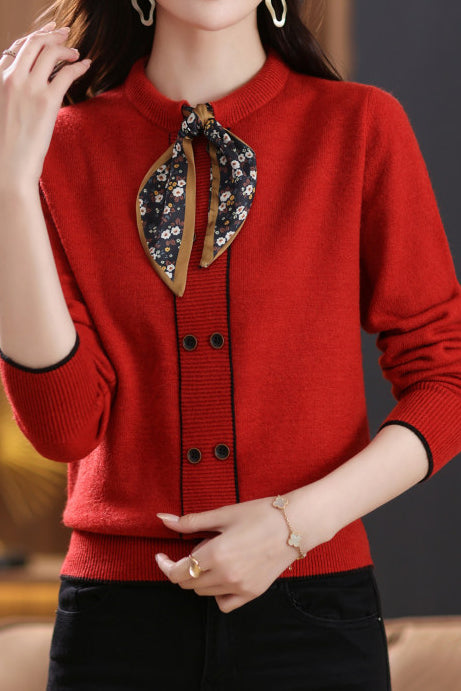 Chic Stand Collar Tie Detail Long Sleeve Knit Sweater