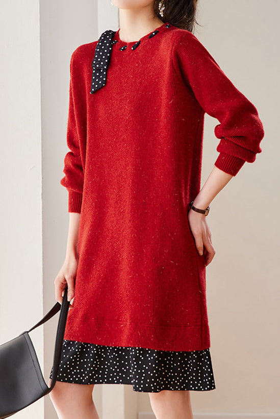Elegant Layered Look Polka Dot Tie Detail Knit Dress