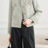 Elegant Frayed Fringe Tweed Jacket with Metal Buttons