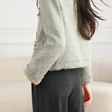 Elegant Frayed Fringe Tweed Jacket with Metal Buttons