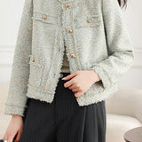 Elegant Frayed Fringe Tweed Jacket with Metal Buttons