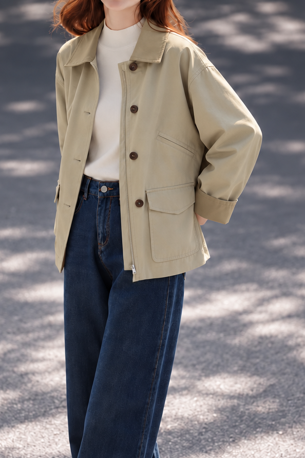 Casual Colorblock Collared Pocket Jacket