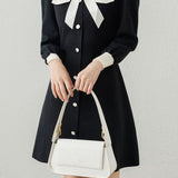Elegant Colorblock Bow Button Knit Dress